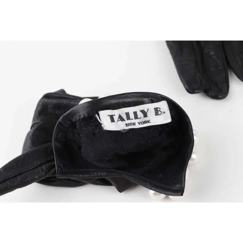 Tally B. Vintage Black Leather Triple Pearl Bead Fringe Gloves Silk Lined Size 8